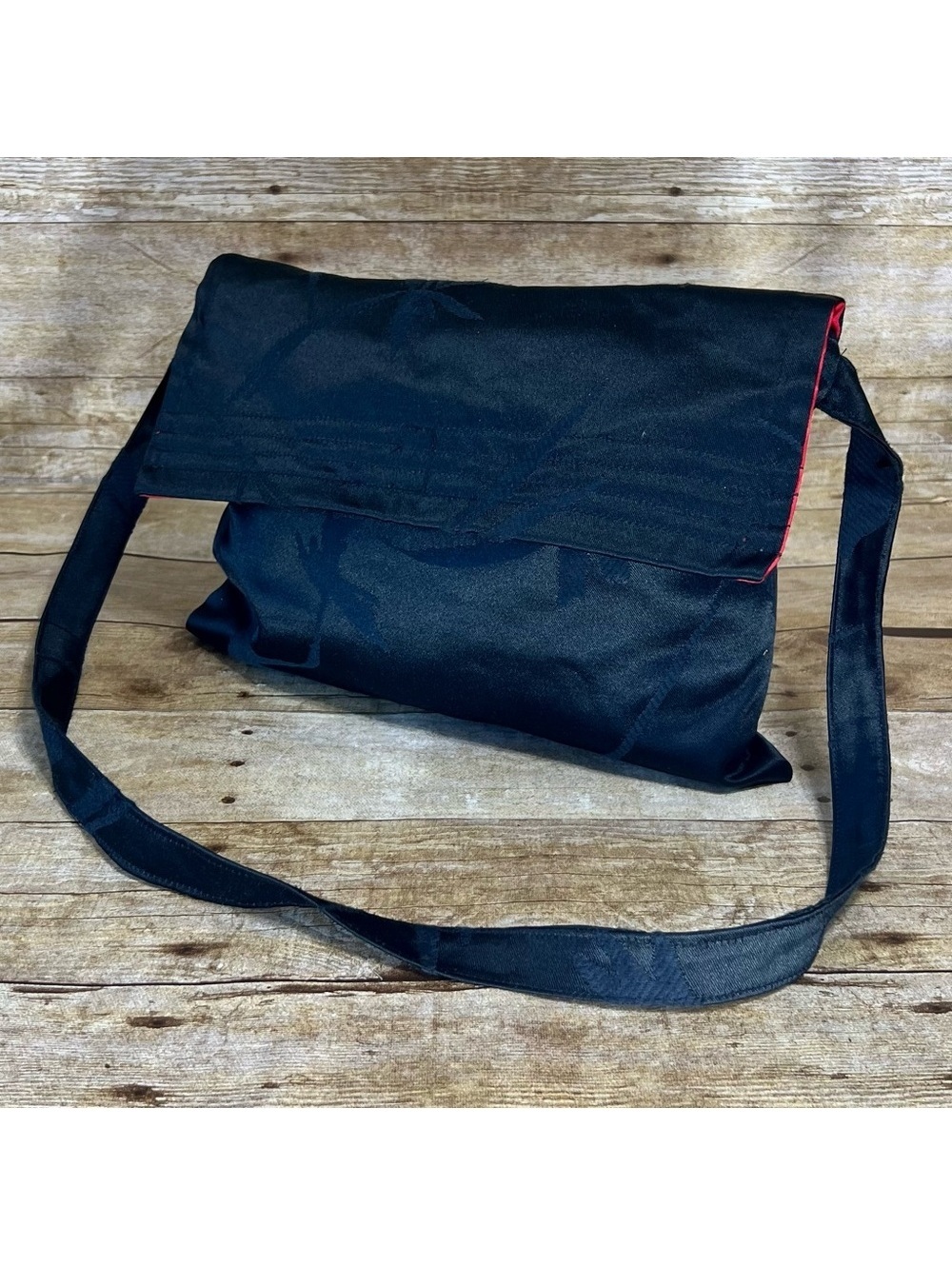 Kathy McMahon Vintage Black Jacquard Crossbody Bag with Red Satin Lining